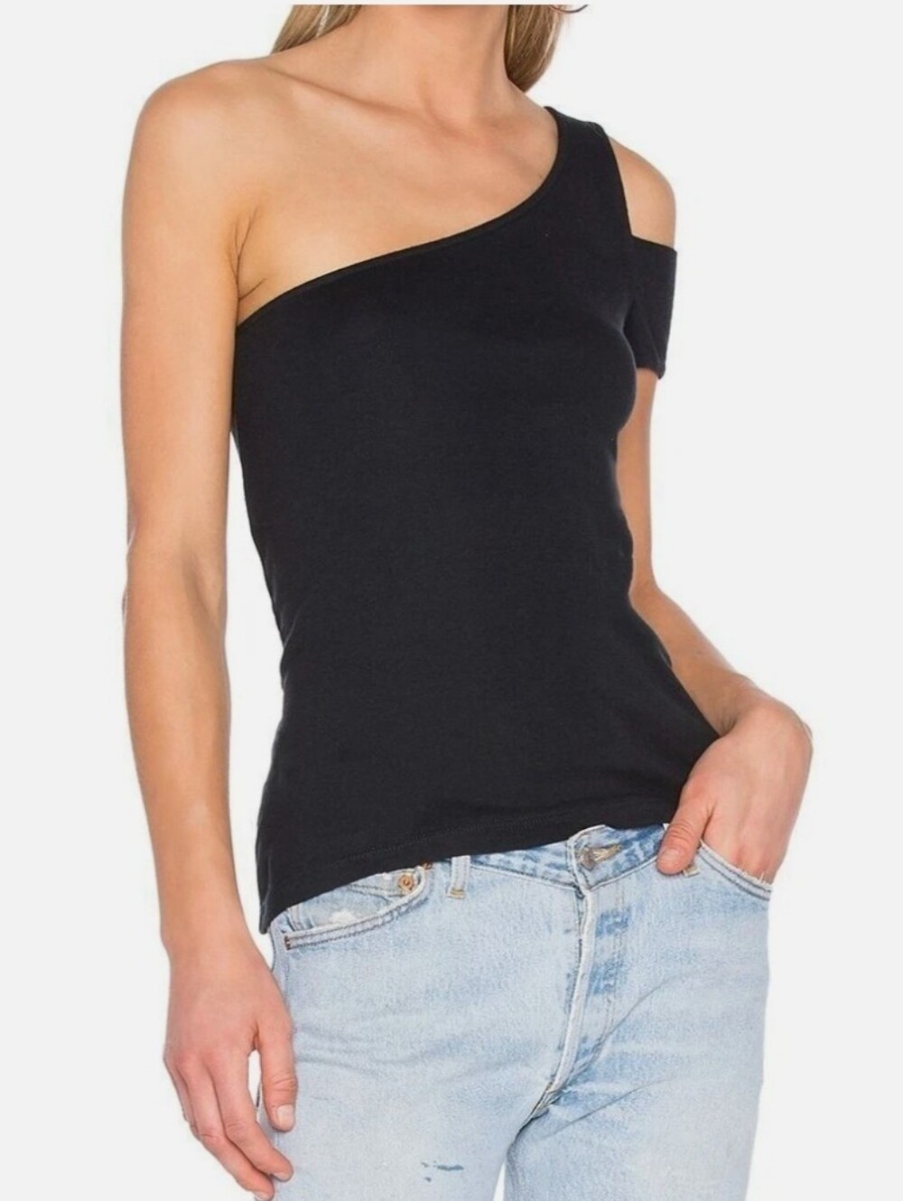 Splendid Women's 1x1 One Sleeve Off Shoulder Knit Top In Black Sz Large